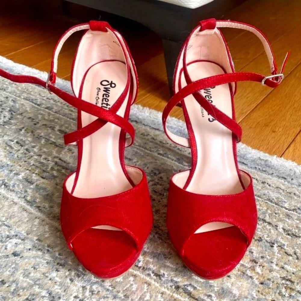 Sweeties Strappy Red Platform Heels with Rhinestones
